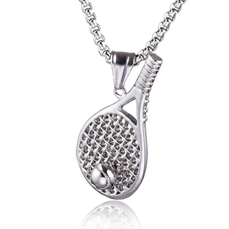 Silver Tennis Racket Pendant Necklace Stainless Steel