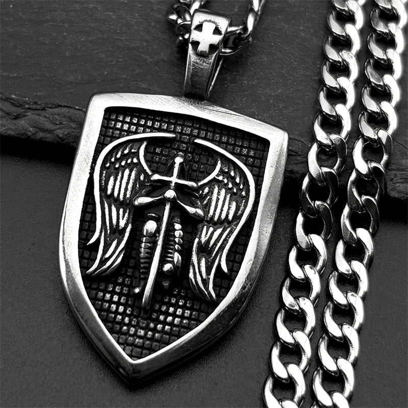 Saint Michael Archangel Knight Necklace Women Men Stainless Steel Silver Color Shield Guardian Angel Christian Amulet Jewelry