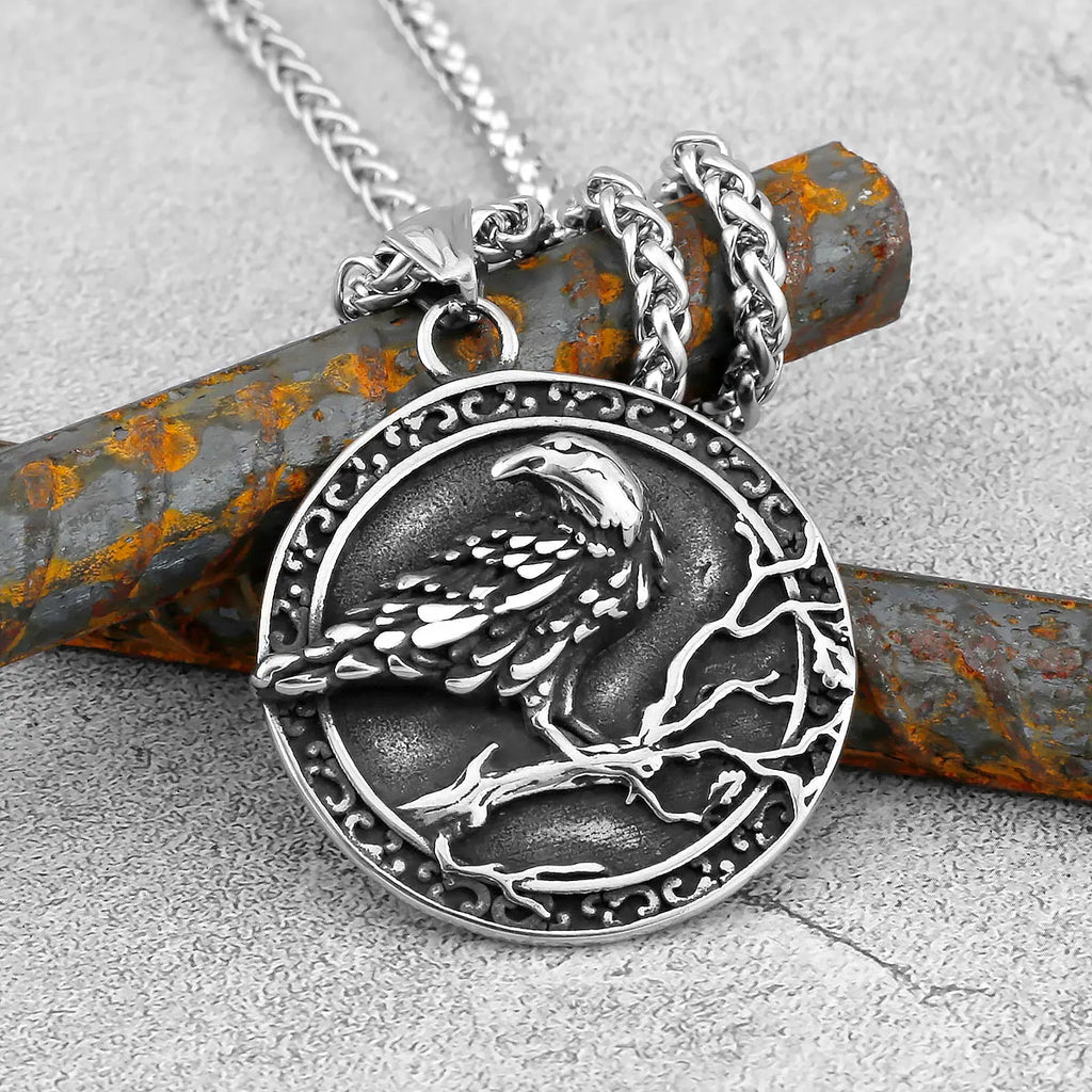 Nordic Odin Crow Skull Pendant Necklace Gothic Stainless Steel Raven Skull Compass Rune Necklace for Men Punk Jewelry
