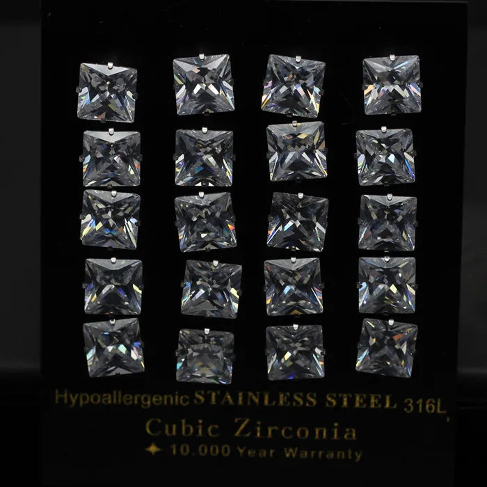 LUXUKISSKIDS Brilliant Square Stud Earrings 10pairs/Lot Novel Clearly Large 3A Cubic Zirconia Stainless Steel Wholesale