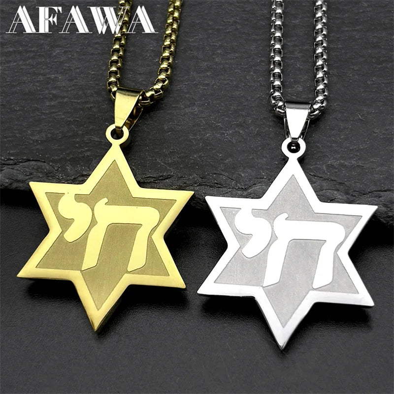 Jewish Hebrew Chai Symbol Star of David Pendant Necklace for Men Women Gold Color Stainless Steel Israel Amulet Chain