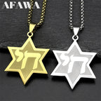 Jewish Hebrew Chai Symbol Star of David Pendant Necklace for Men Women Gold Color Stainless Steel Israel Amulet Chain