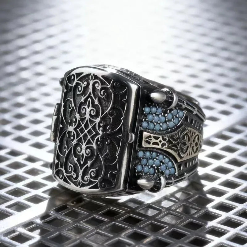 European and American new fashion armor shield shape retro engraved flip men's ring