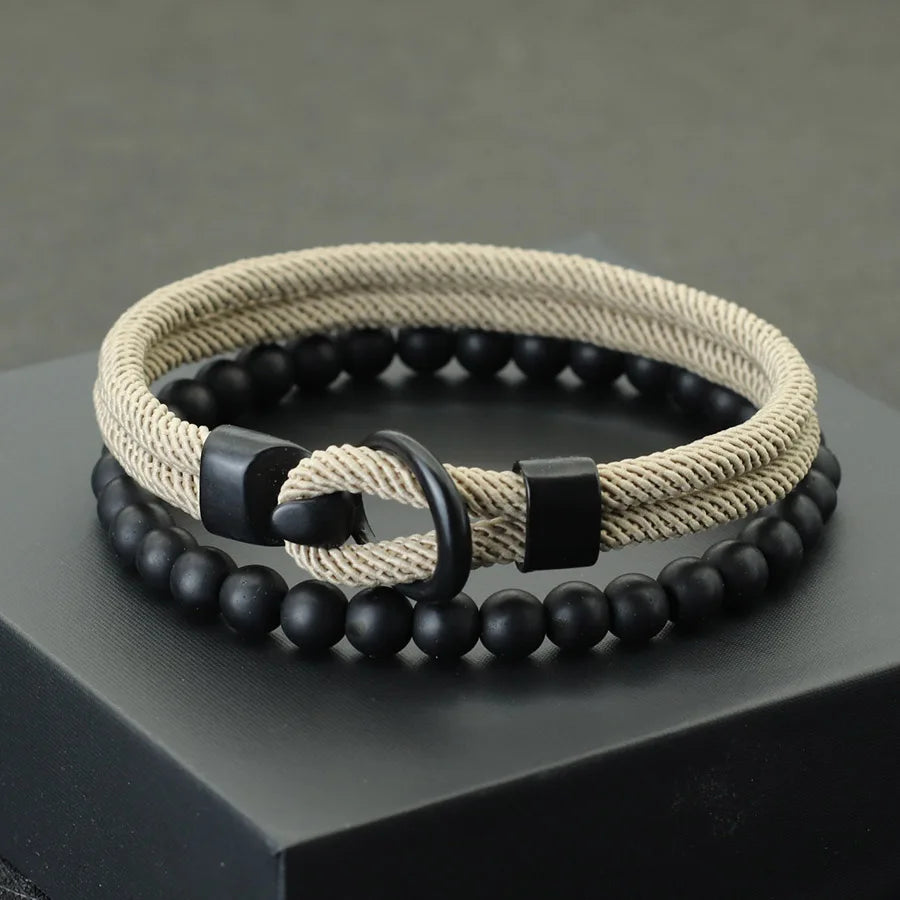 Fashion Mens Bracelet Set Lucky Thread Wrap Braclet Meditation Onyx Stone Beads Braslet Hombre Hand Accessories Fabric