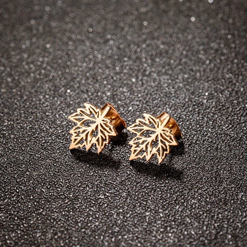 Hollow Maple Leaf Stud Earrings Classic Simple — Stainless Steel