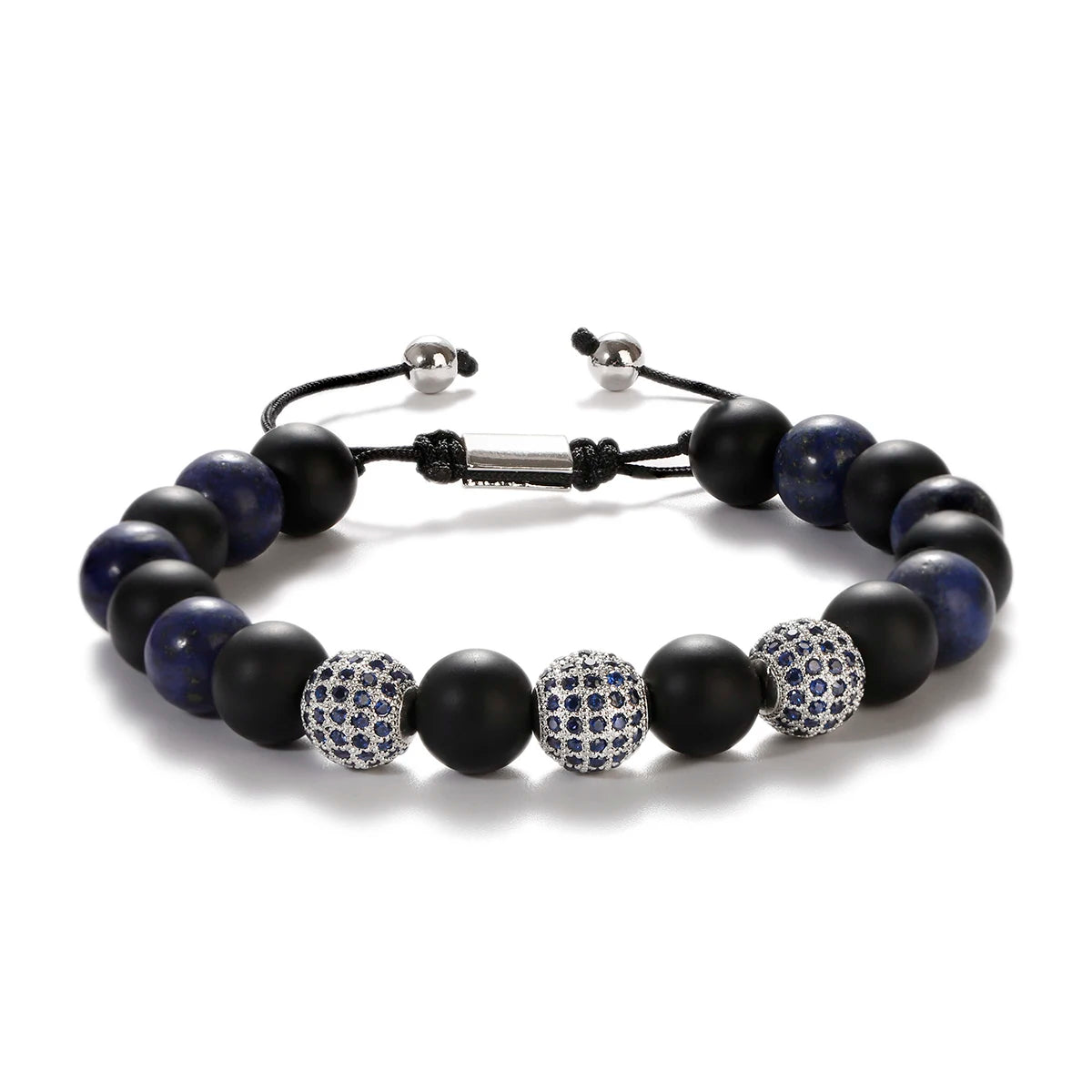 Black CZ Pave Ball Beaded Bracelet for Men — Adjustable Weave
