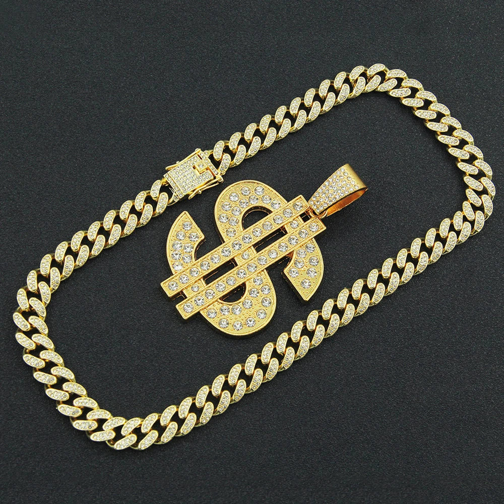 Fashion Hip Hop Dollar Pendant Necklace with 13mm Cuban Chain US Dollar Money Sign Necklaces Rap Rock Punk Jewelry For