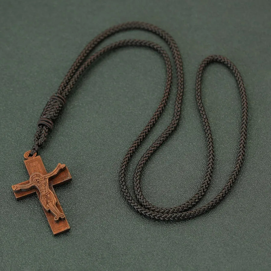 Retro Wooden Cross Pendant Necklace 24" Rope Cord