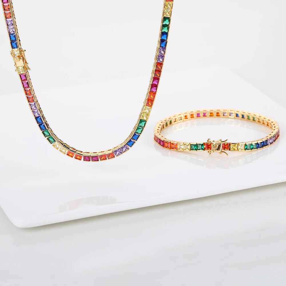 Gold Rainbow Tennis Necklace Iced Out 4MM 18K