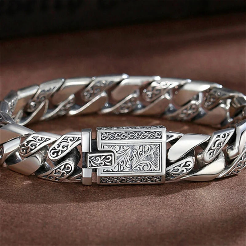 OUYADI S925 Sterling Silver Men's Cuban Link Bracelet Vintage Eternal Vines Engraved Retro Masculine Wrist Jewelry Gift
