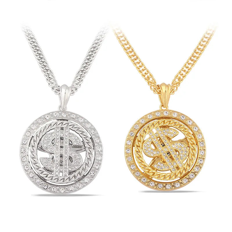 Rotatable Crystal US Dollar Sign Pendant Necklace