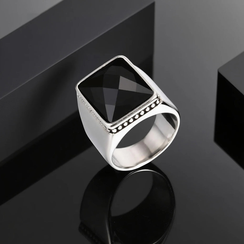 Simple Retro Black Cubic Glass Signet Ring for Men, Geometric Square Stainless Steel Ring, Fashion Punk Finger Jewelry size 7-12