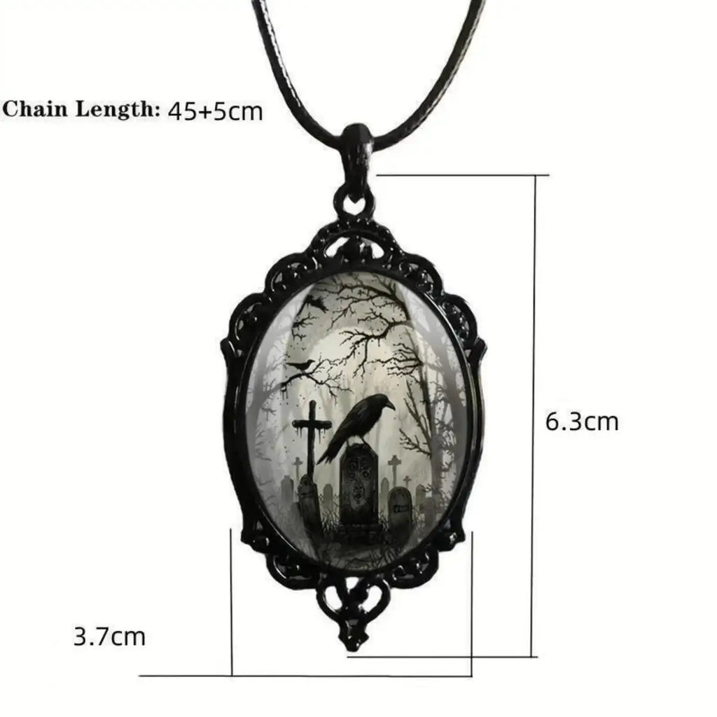 Gothic Crow Black Forest Charm Necklace Fashion Witch Jewelry Gift Pagan Cross Black Cat Skull Glass Pendant Necklace