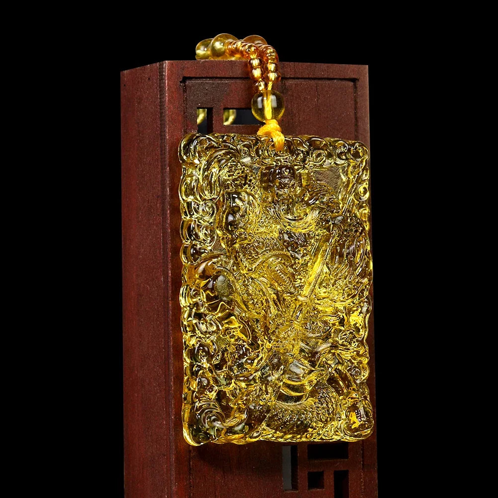 Chinese Citrine Guan Yu Pendant Necklace Lucky Ward Off Evil Spirits Auspicious Amulet Sweater Chain Protection Jewelry Gift