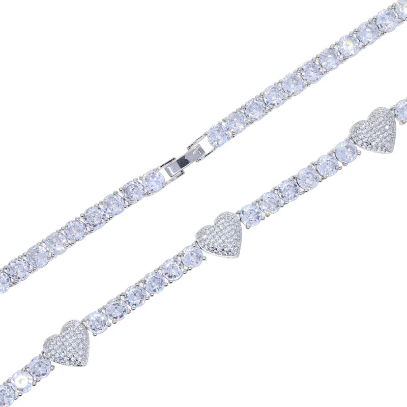 2025 New Iced Out Bling Heart Pendant Necklace Silver Color AAA Zircon 5mm Tennis Chain Charm Women Men Hip Hop Fashion