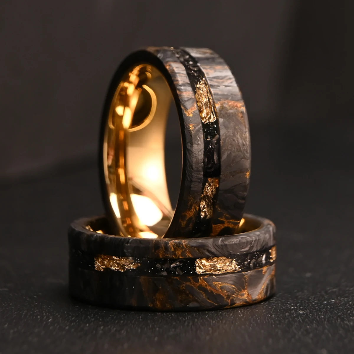 8MM Golden/Red Men's Tungsten Carbide Wedding Bands Fashion Carbon Fiber Ring Luxury Jewelry Inlaid Gold Leaf Meteorite Comfort