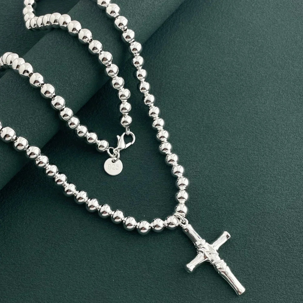Buddhist Beads Chain Cross Pendant Necklace — Silver-Tone 6mm