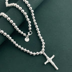 Buddhist Beads Chain Cross Pendant Necklace — Silver-Tone 6mm