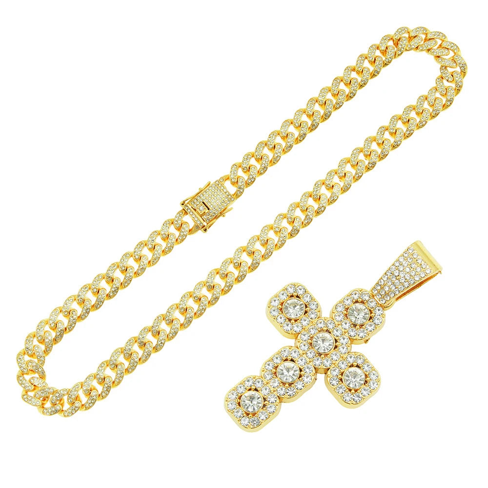 Iced Out Square Cross 13mm Cuban Chain Necklace — Zinc Alloy
