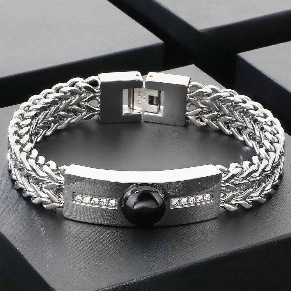 Vintage Stainless Steel Men's Curved Bracelet Natural Stone & Shiny CZ Inlaid Bracelets for Man Fashion Male Hand