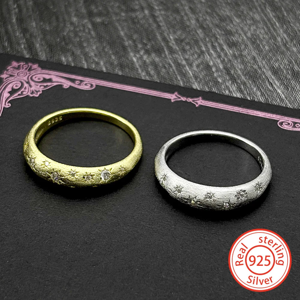 Two-Tone Ring Sterling Inlaid Shiny Zircons Matte