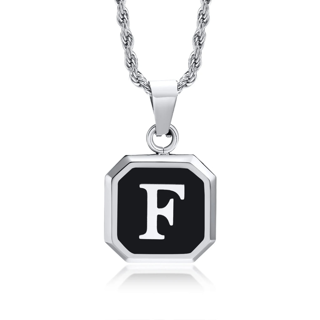 Initials Necklaces for Men Women,A-Z 26 Letters Black Square Stainless Steel Pendant Collar,45-60CM Twisted Rope Chain