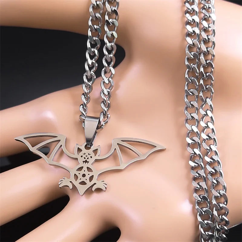 Gothic Bat Pentagram Necklace — Silver