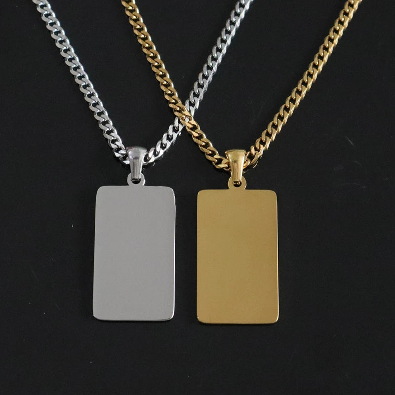 Cuban Chain Strip Bar Pendant Necklace — Stainless Steel