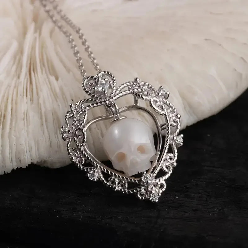 Boho Unisex Copper Skull Pendant Necklace with Faux Pearl Heart and Zirconia Accents, Everyday Wear Vacation Party