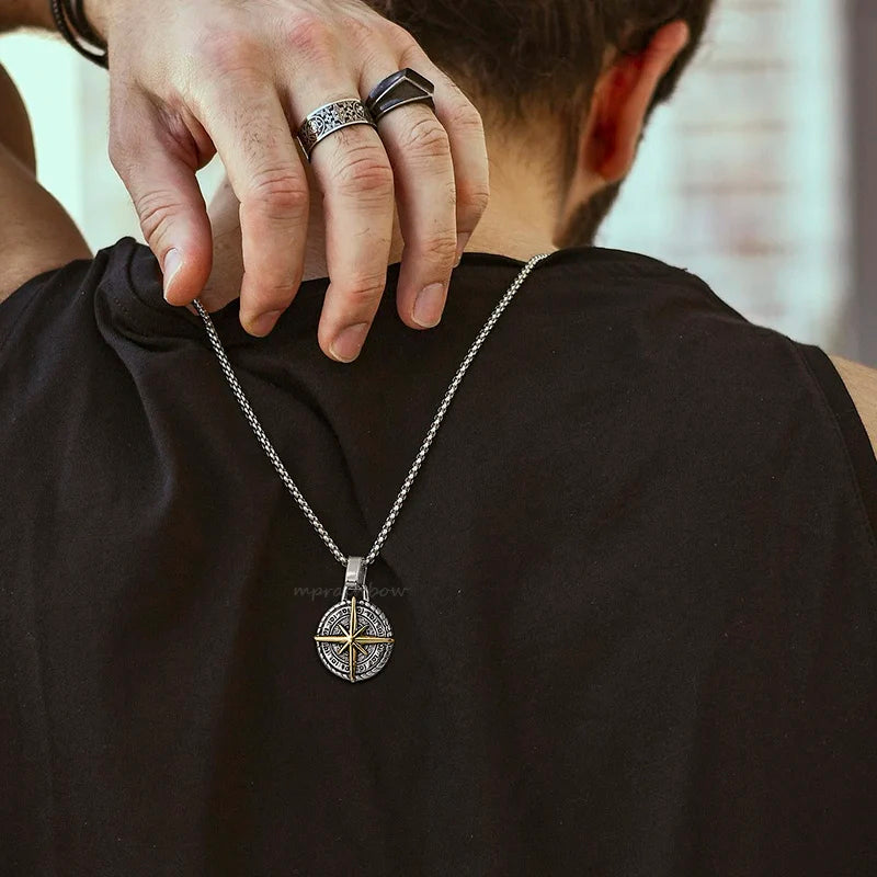 North Star Men Necklace ,Stainless Steel Compass Pendant,Mens Jewelry, Coin Form Handmade Necklace