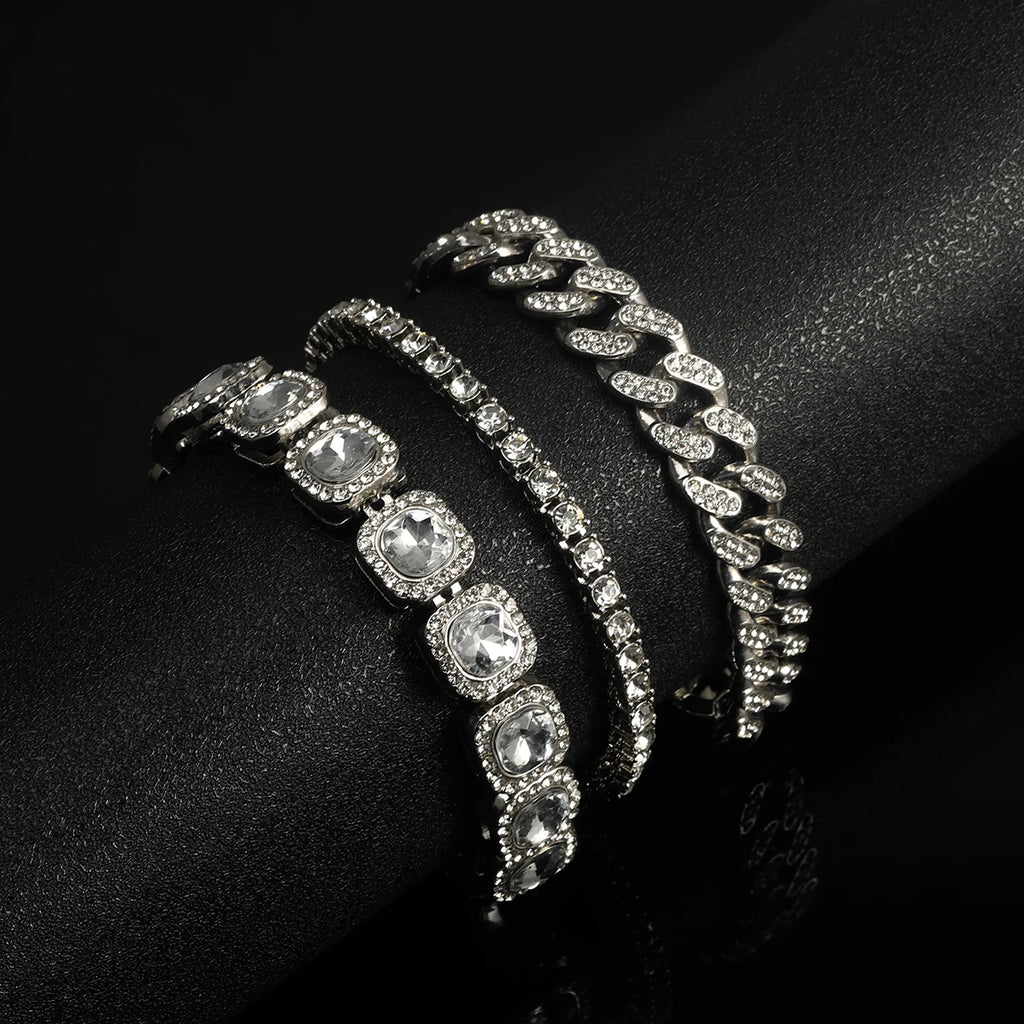 3pcs Men Women Stylish Bracelet Set Silver Cuban Chain+Tennis Chain+Sugar Chain Light Luxury Iced Out Hip-hop Punk Jewelry Gift