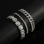 3pcs Men Women Stylish Bracelet Set Silver Cuban Chain+Tennis Chain+Sugar Chain Light Luxury Iced Out Hip-hop Punk Jewelry Gift