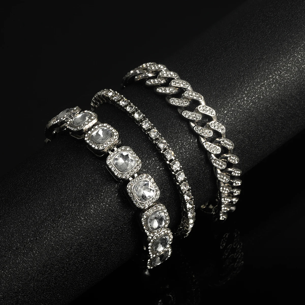 3pcs Men Women Stylish Bracelet Set Silver Cuban Chain+Tennis Chain+Sugar Chain Light Luxury Iced Out Hip-hop Punk Jewelry Gift