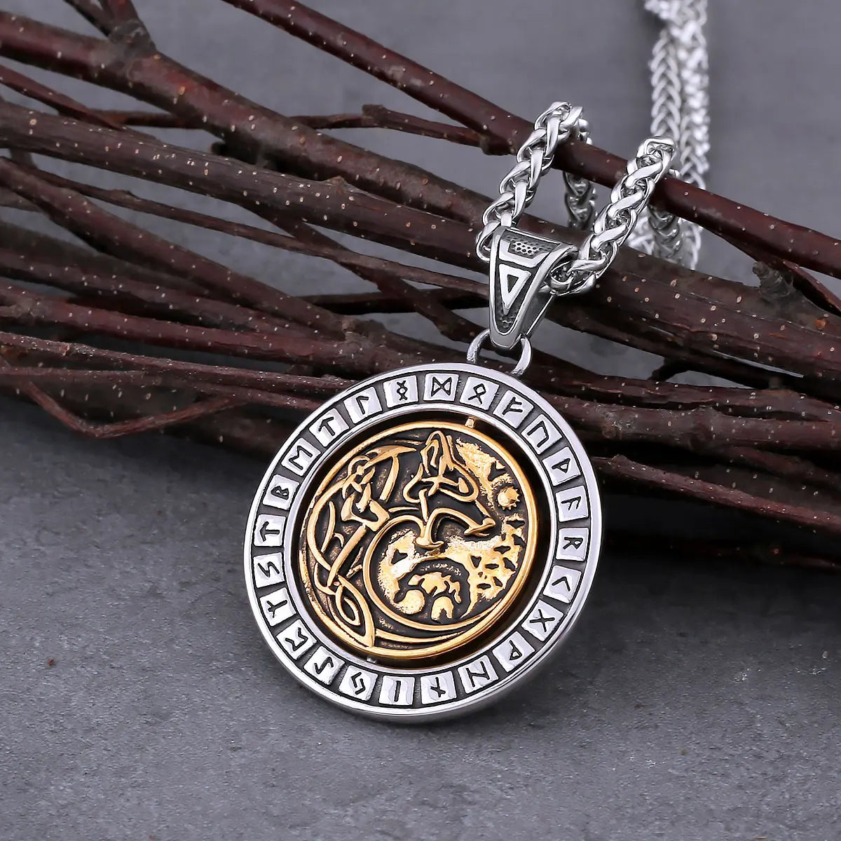 Rotating Viking Wolf Rune Pendant — Stainless Steel