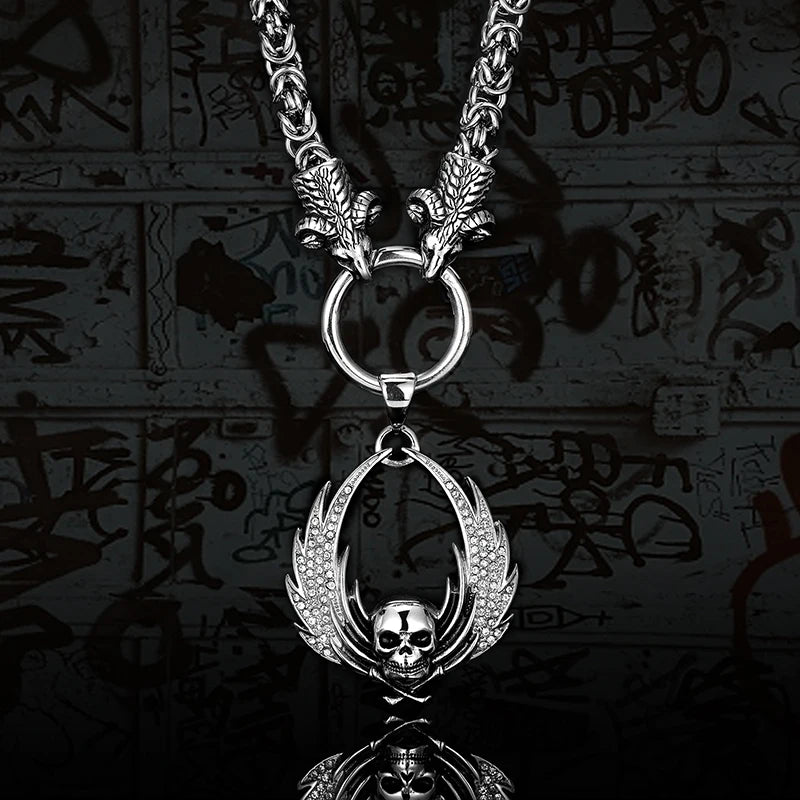 Fallen Angel Wings Skull Pendant Necklace — Stainless Steel