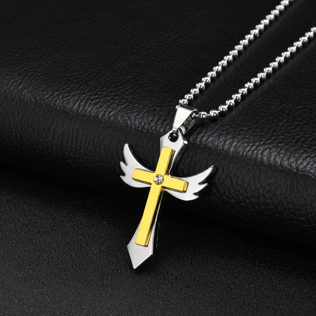 Two-Tone Wing Cross Pendant Necklace CZ Stone — Stainless Steel