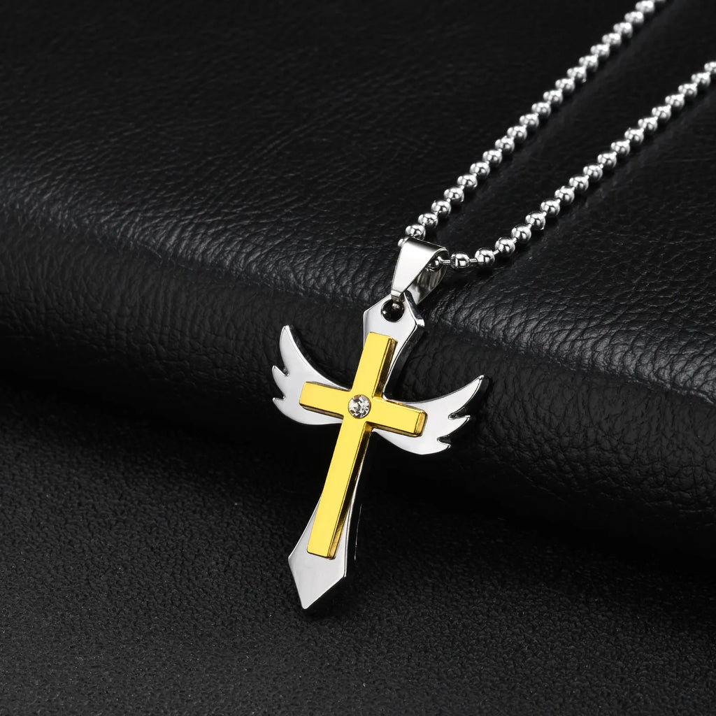 Mens Stainless Steel Necklace, Two-tone Wing Cross Pendant CZ Stone, 70cm Bead Chain, Religious Faith Jewelry Gift for Men