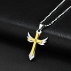 Mens Stainless Steel Necklace, Two-tone Wing Cross Pendant CZ Stone, 70cm Bead Chain, Religious Faith Jewelry Gift for Men