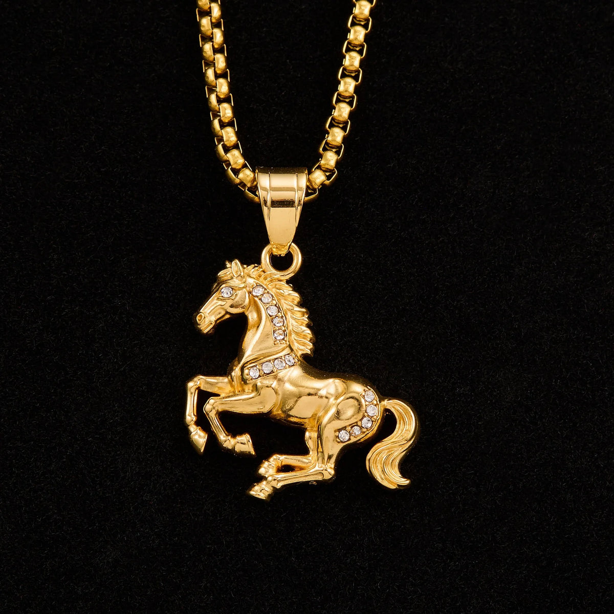 Iced Out Gold Horse Pendant Necklace — 316L Stainless Steel