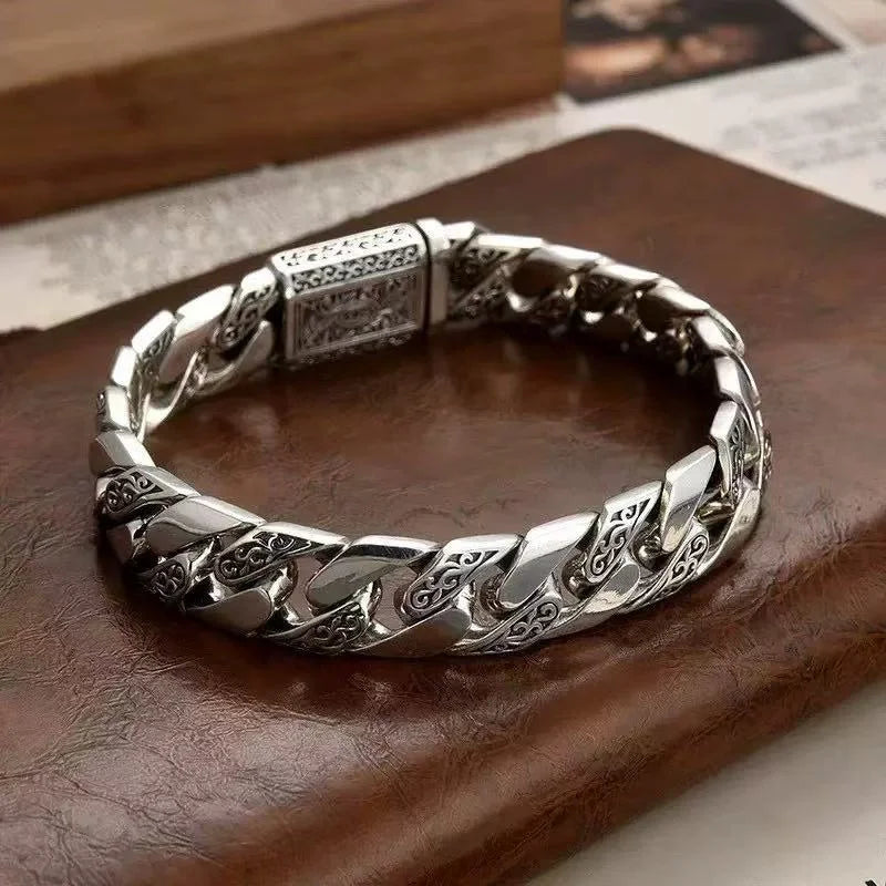 OUYADI S925 Sterling Silver Men's Cuban Link Bracelet Vintage Eternal Vines Engraved Retro Masculine Wrist Jewelry Gift