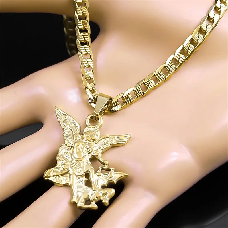 SAINT MICHAEL PROTECT US Archangel Stainless Steel Pendant Necklace for Women Men Gold Color Necklace Choker Jewelry