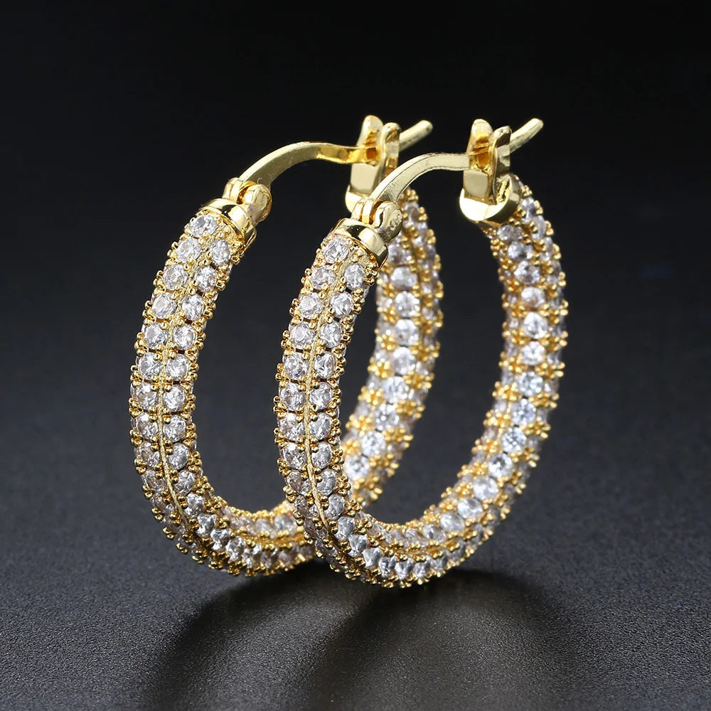 Two-Tone Iced Out Hoop Earrings CZ Silver Gold