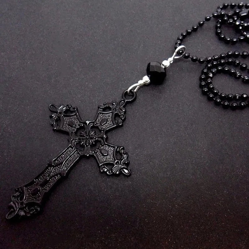 Gothic Hollow Relief Cross Pendant Beaded Chain Necklace — Black