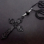 Gothic Hollow Relief Cross Pendant Beaded Chain Necklace — Black