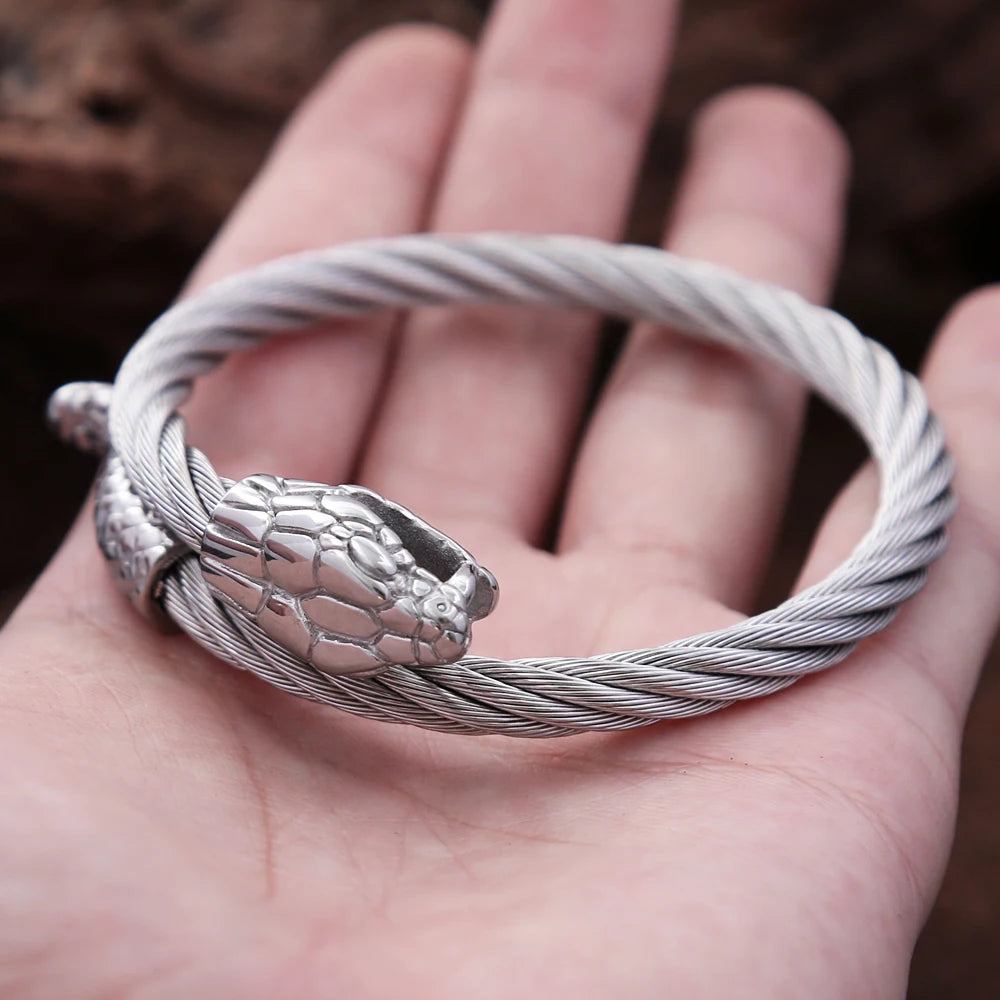 Vintage Nordic Viking Stainless Steel Snake Head Bracelet For Men Boys Rock Hip Hop Animal Bracelets Punk Charm Fashion