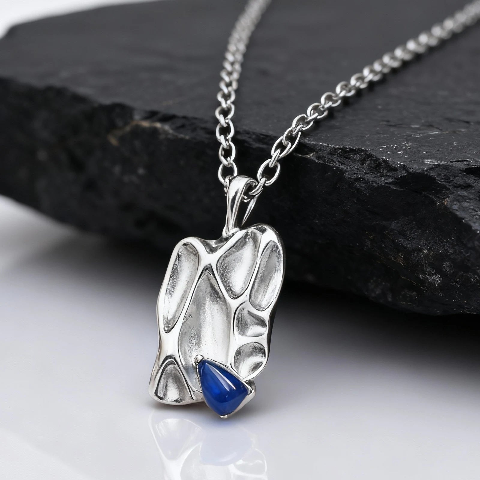Blue Stone Square Pendant Necklace — Stainless Steel