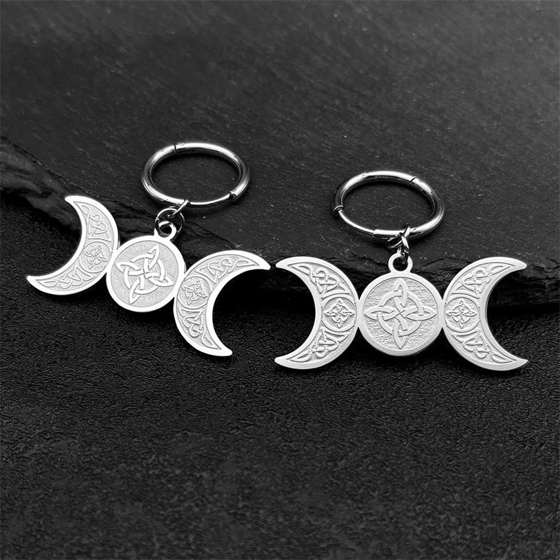Celtic Steel Earrings Wicca Triple Moon Crescent