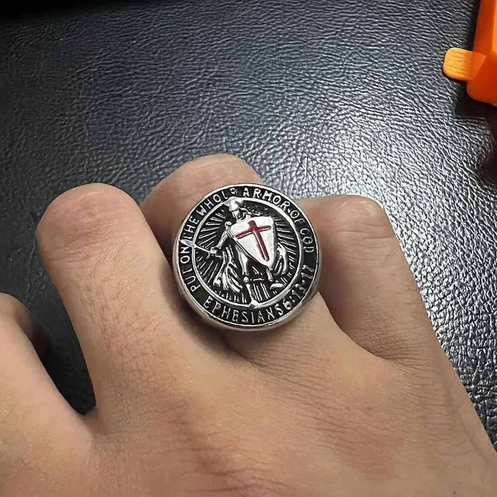 Vintage Stainless Steel Knights Templar Rings For Men Women Hip Hop Biker Cross Warriors Red Shield Ring Amulet Jewelry