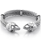 Biker Men's Skull Wristband Heavy 316L Stainless Steel Punk Bracelet Open Bangle Double Gothic Skeleton Head for Rock