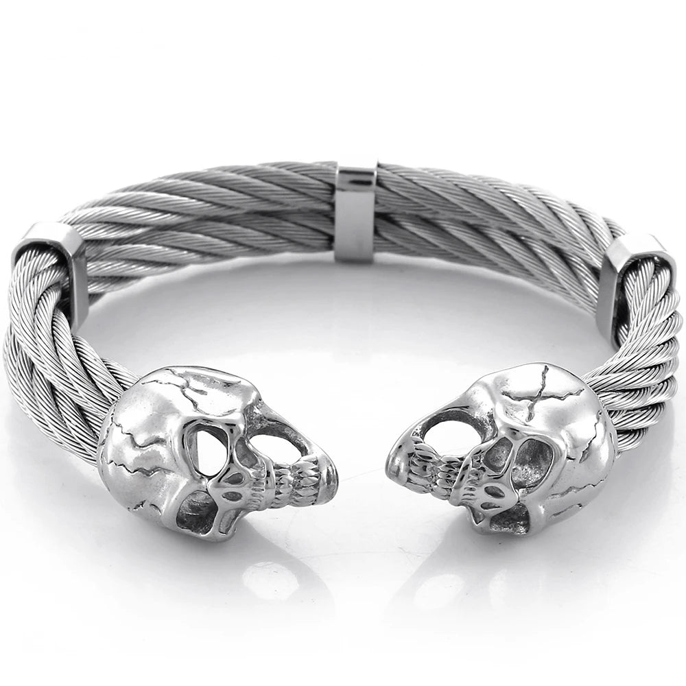 Biker Men's Skull Wristband Heavy 316L Stainless Steel Punk Bracelet Open Bangle Double Gothic Skeleton Head for Rock